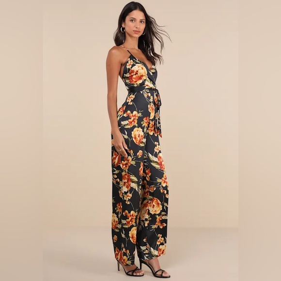 Lulu’s Chic Importance Black Floral Satin Backless Wide Leg Jumpsuit - Picture 3 of 11